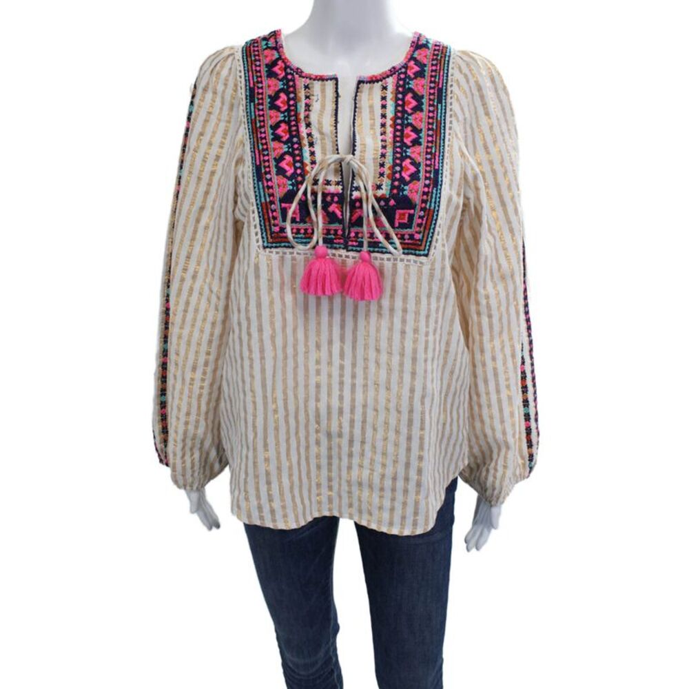 Figue Womens Tunic Blouse Beige Striped Long Sleeve Cotton Lurex Boho Size S